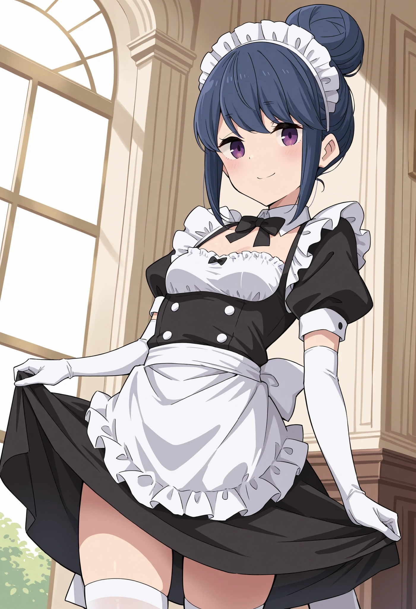 Score_9, score_8_up, score_7_up, source_anime, rin shima, solo, single hairbun, sidelocks, dark blue hair, purple eyes, small breasts, (best quality), (high quality), {masterpiece}, extremely delicate and beautiful, ultra-detailed, beautiful detailed eyes, maid, black maid costume, short sleeves, puffy sleeves, white headdress, white frilled apron, white elbow gloves, white thighhighs, mansion, indoor, smile, closed mouth, standing