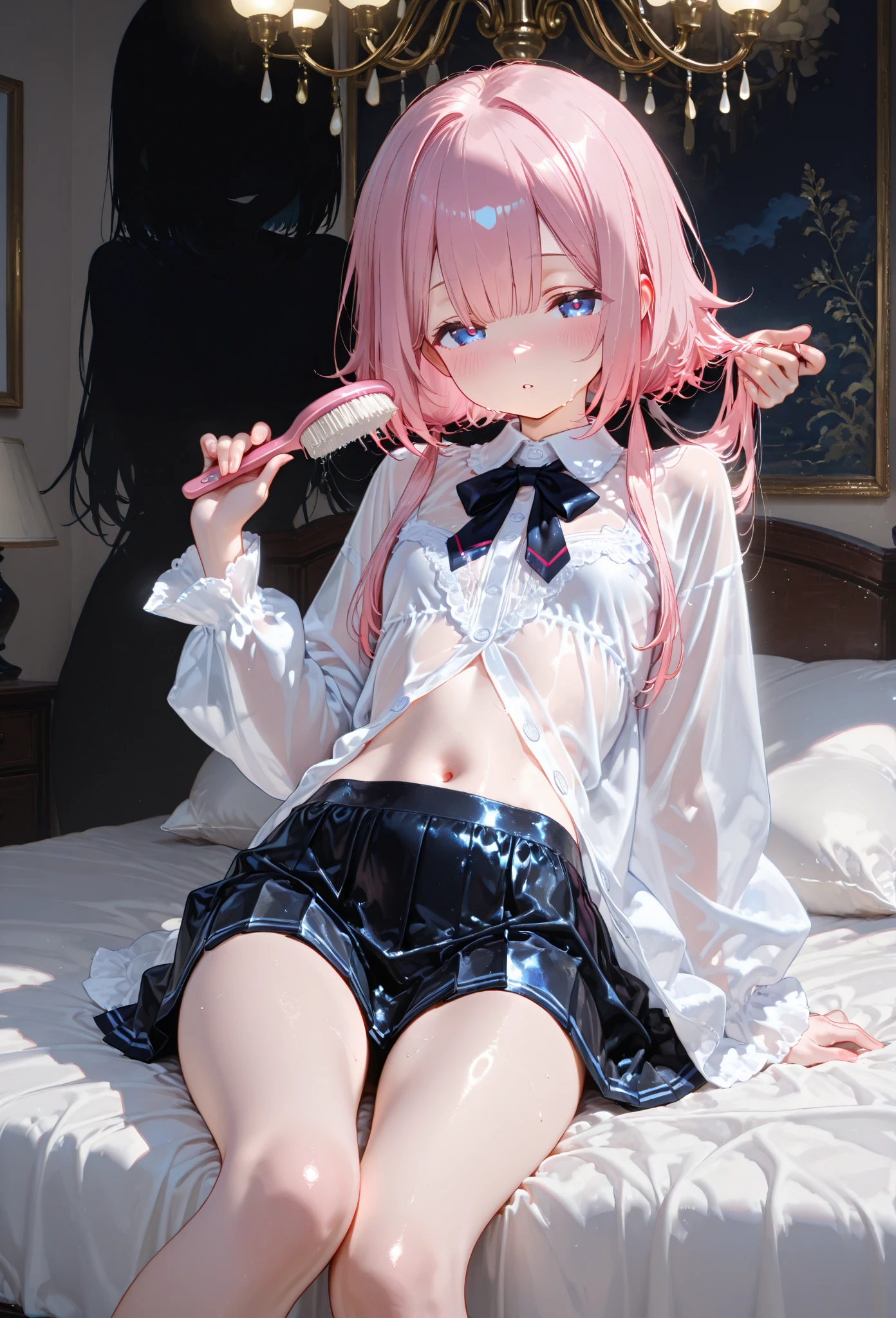 Cute anime,White shorthair,Character crouches,Please wear a pink miniskirt,The chest is protruding、contoured,Protruding nipples,Showing side boob,Nurse uniform,Translucent clothing,Clothes are tight,Body Contouring,,Low Color,Stretch one leg towards the camera,Thinner legs,White swim briefs,Wearing pink knee-high sneakers,Short Ponytail,Lift one leg forward,Sole of the foot facing the camera,Close-up of boots,Spread your legs,The camera is pointed between her legs