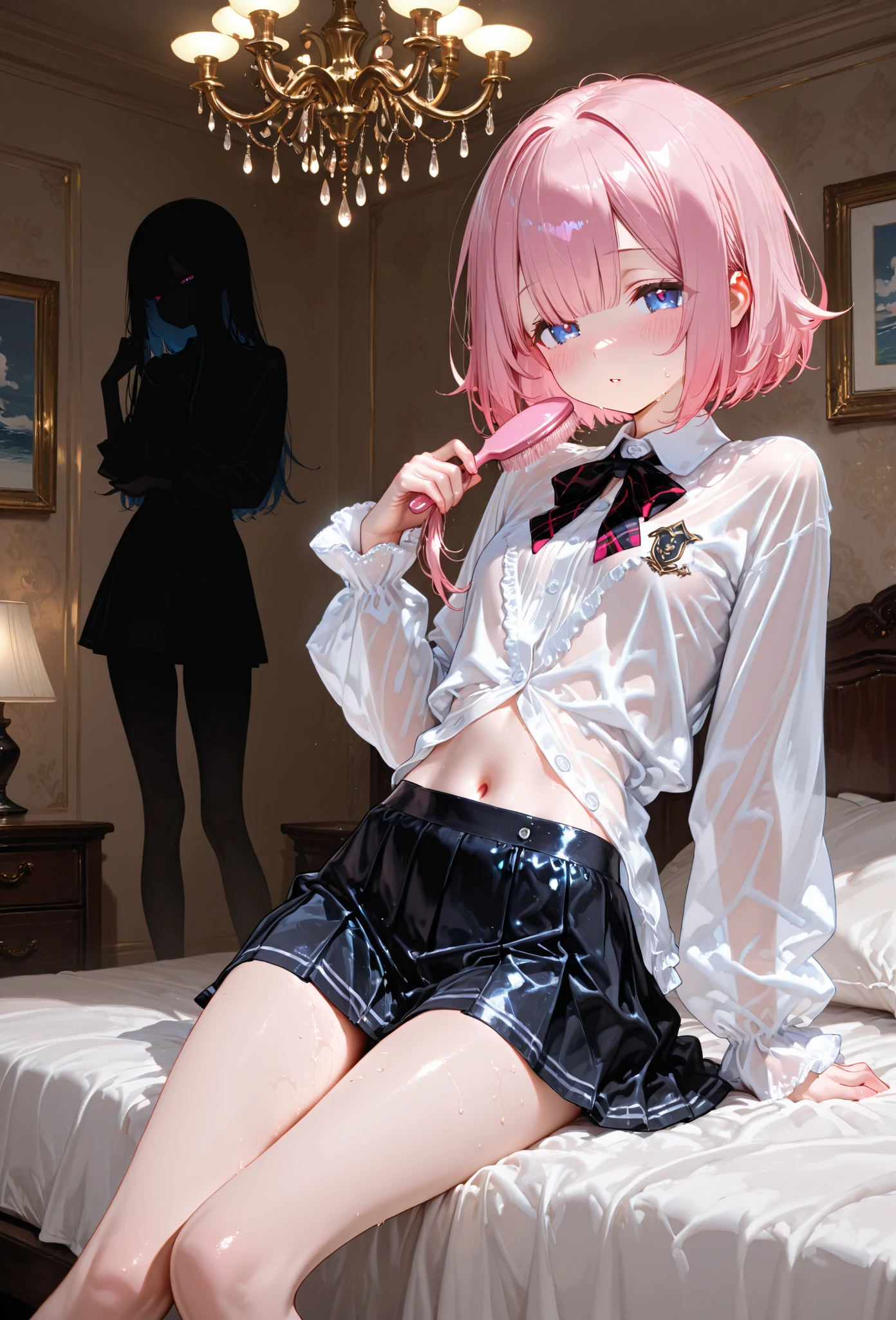 NSFW,Very beautiful and shining eyes、shining eyes、1 girl、small breasts、big mouth、small breasts、Cat ear、Transparent pink short hair、first round、skirt、7 year old girl、childish clothes