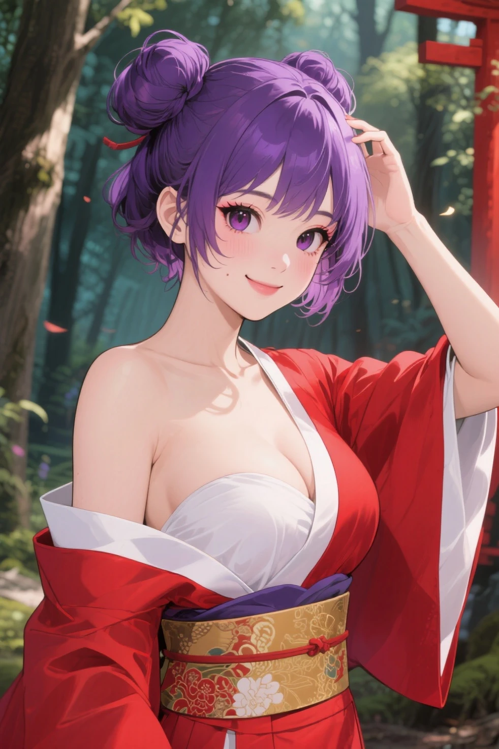 (best quality:1.1), (masterpiece:1.2), portrait, 1girl, yuzuriha_(jigokuraku), purple hair, brown eyes, ninja, open clothes, cleavage, small breasts, topknot, medium hair, breasts apart, white obi, smirk, outdoors, (blush:1.1), flowers (NSFW 1.5)
