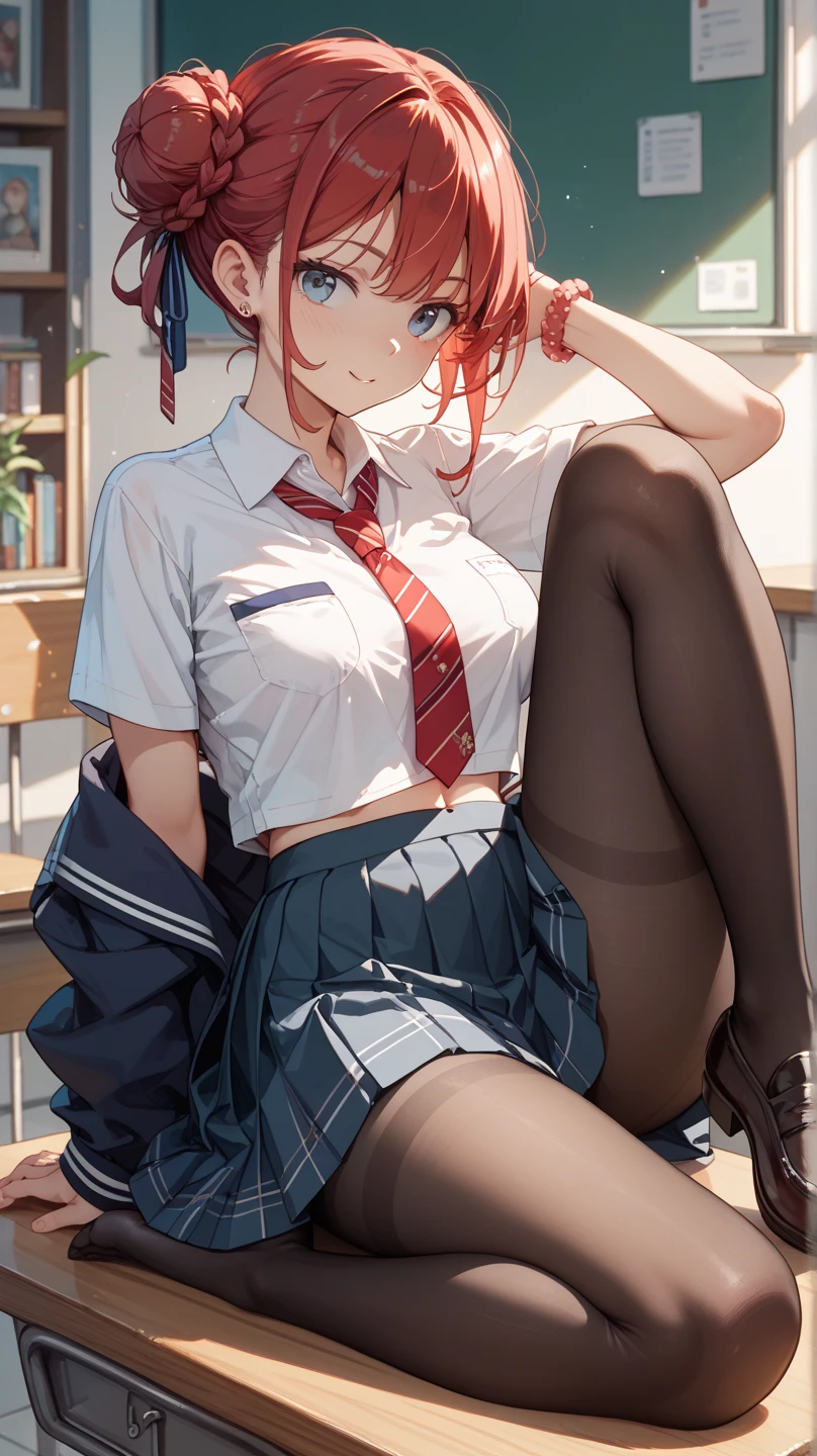 1 girl, masterpiece, best quality, highres, ro1, Misty from pokemon, green eyes, half-closed eyes, spectacles), a come-hither face, smirk , parted lips, nose blush, blush, facing viewer, looking at viewer, solo, business suits, business jacket, black jacket, white y-shirts(buttons), pleats skirt, black leather skirt, black leather thighhighs, in the classroom, night time, sitting, sitting on desk, spread legs, black silk panties, come-on, lure, Sexy waist teasing, , from_below , full body, soft breasts, unbuttoned shirt, belly exposed