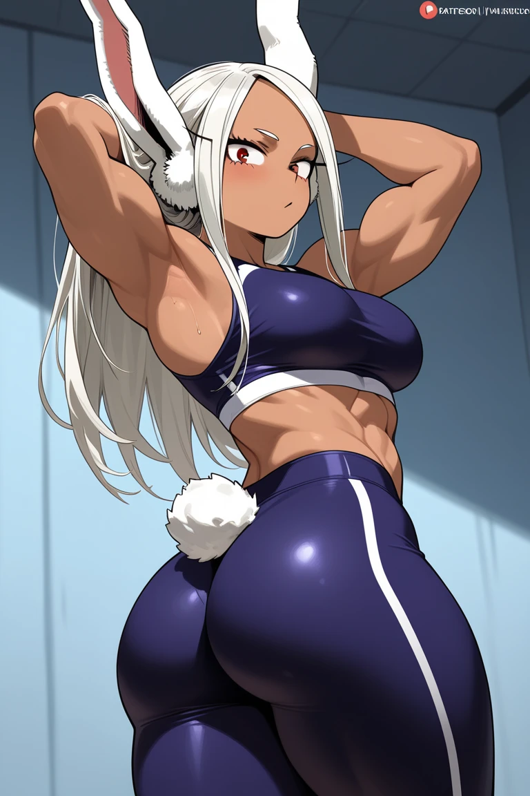 mirko mha, dark-skinned female, long eyelashes, large breasts, 1girl, rabbit girl, red eyes, hand on hip, parted bangs, thick thighs, animal ears, muscular, muscular female, rabbit ears, looking at viewer, solo, tail, white hair, long hair, dark skin, thighs, bikini, grin, ((crouching)), beach, spreading legs