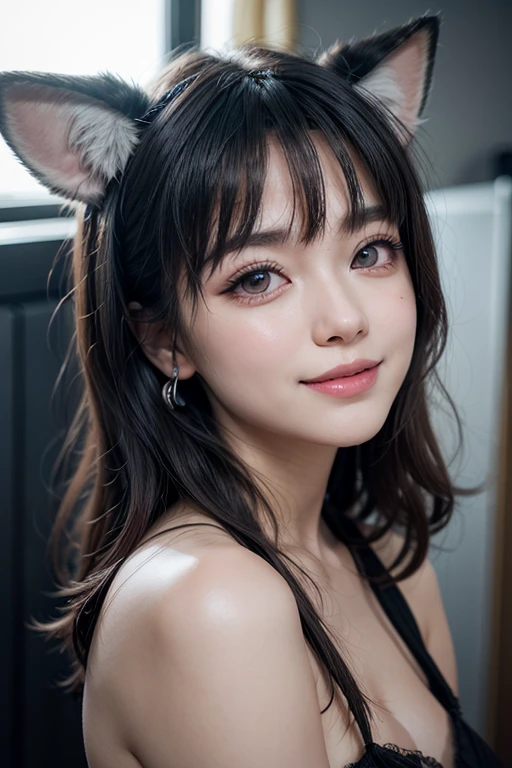One girl,(((naked))), Animal ears, Purple eyes, Brown Hair, wing, alone, Long Hair, blush, Cat耳, Flowers, View your viewers, Braid, bow, dress, pink Flowers, bow, hair accessory, bangs, Cat, Hair Flower, Animal ears毛, Holding, Virtual YouTuber, Blue ribbon, Holding animal, Catwoman, stuffed toy