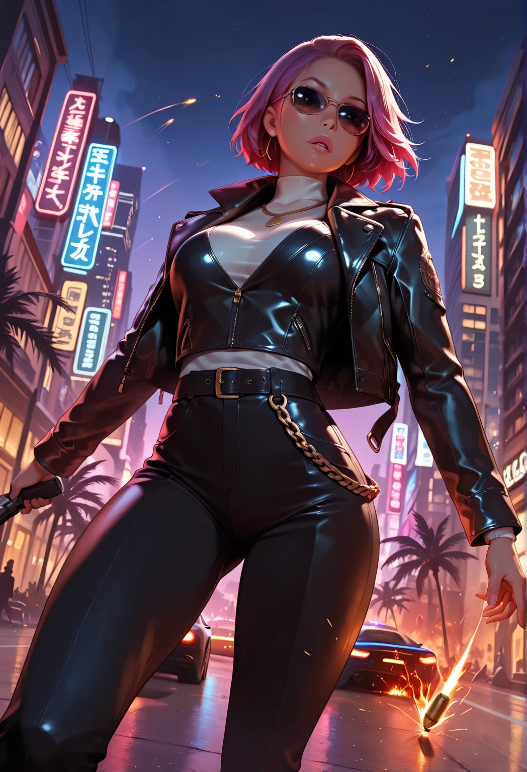 A pink haired female reaper with violet eyes with an hourglass figure in a pink jumpsuit with black stripes is carrying her scythe through the city at night