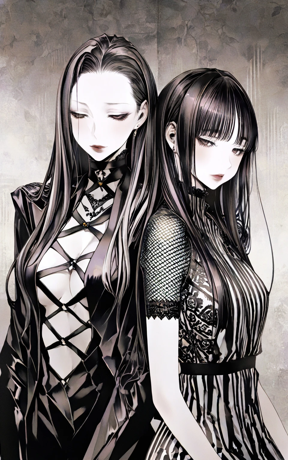 Female with a long black hair and blue eyes wearing goth clothes, piercings and tattos with her girlfriend, a female with curly blonde hair and green eyes wearing cute clothes