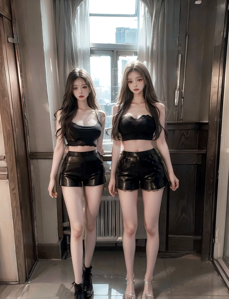 (8K、RAW Photos、Highest quality、masterpiece:1.2)、(Realistic、Realistic)、1 Girl、((Bondage、Bodysuits、black、Thin legs、whole body、mini skirt、tights、boots、basement、View from the front、Looking into the camera、belt、Stand with hands on hips))、cute