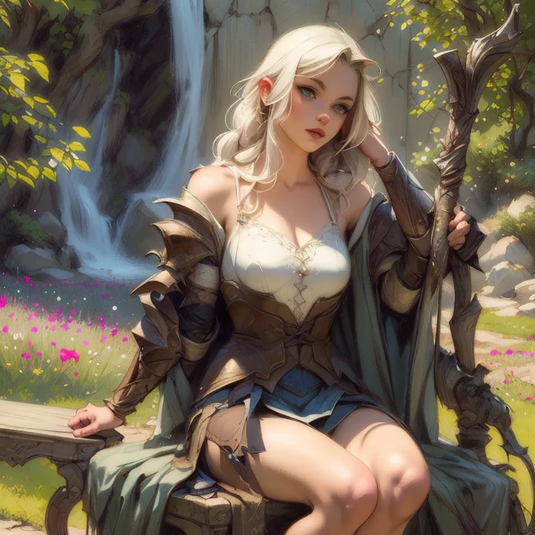 painting of a woman sitting on a ledge by a river, stylized urban fantasy artwork, graphic artist magali villeneuve, fantasy genre portrait, inspired by Magali Villeneuve, beautiful character painting, rpg book portrait, beautiful fantasy art, epic fantasy art portrait, realistic fantasy painting, andreas rocha style, beautiful digital artwork, fantasy book illustration, very beautiful fantasy art --auto --s2