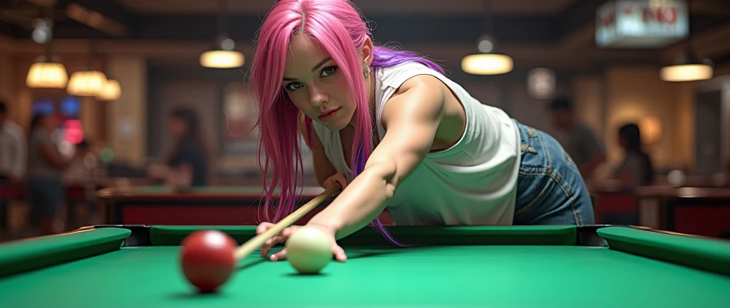 Create a highly detailed and photorealistic image of a young Mylene St-Sauveur. She is leaning forward on a billiard table, ready to play, playfull smirk,  a cue in her hand. She has a sporty, fit build, (small perky breasts), and long pink hair with purple streaks, styled in a more controlled, wavy cut and attached in a loose ponytail on the side. She is leaning forward extremely and intently over a green pool table in a modernly styled, dimly lit billiards hall, aiming her shot with a cue. She wears casual, modern clothing, specifically tight-fitting jeans and a very loose, oversized sheer white t-shirt, very large neck opening. Downblouse view showing breasts and some nipple. Erect nipples. The setting includes modern overhead lighting and a background filled with other players observing the game. (Holds a billiard cue), (Playing billiard), (Ready to hit the ball with the cue), (Leaning on the table with intent to play billiard), (downblouse view showing some breasts), (small breasts with erect nipples), (playful smirk), (photo framed not to show hands)