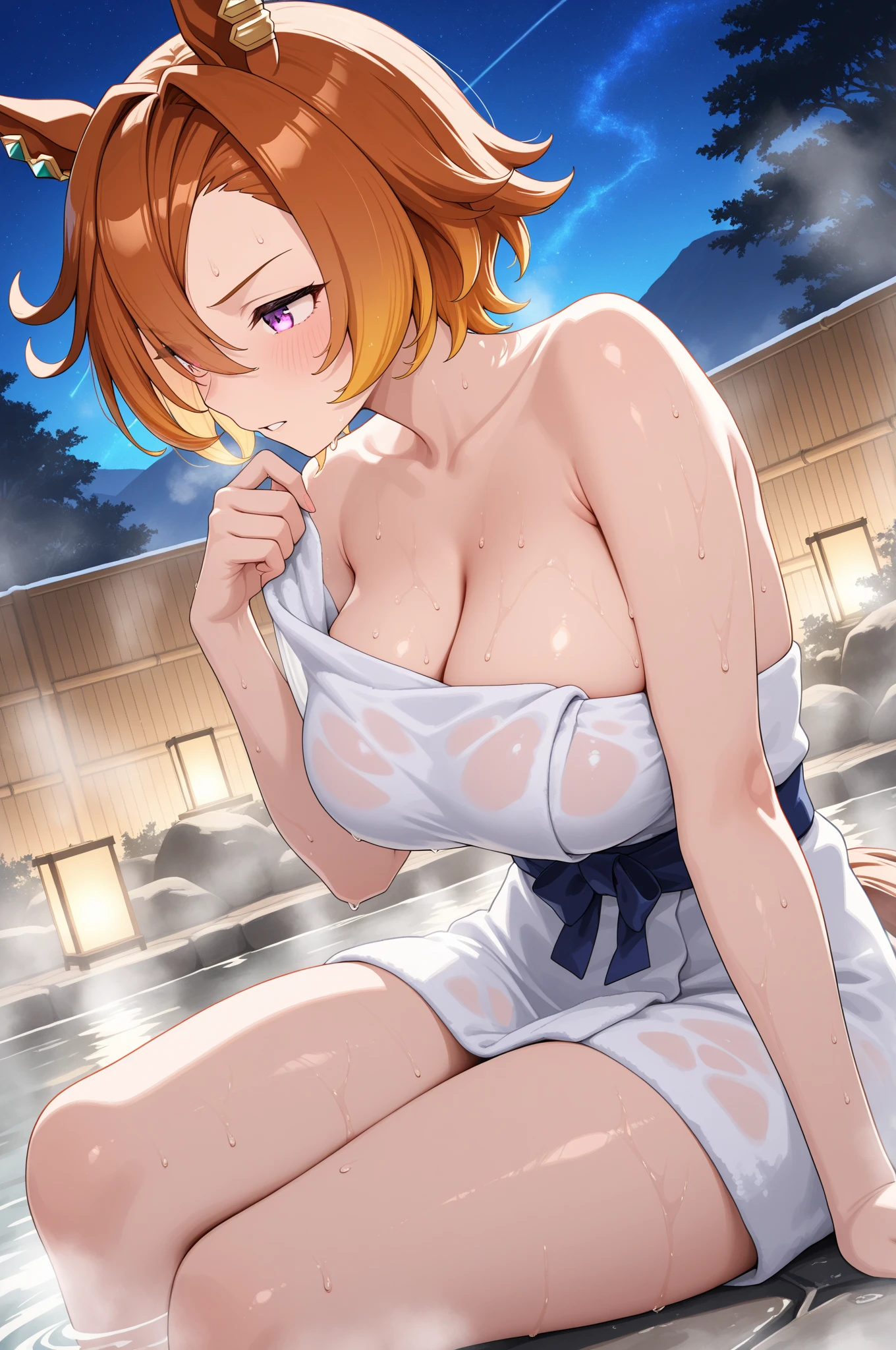 Cowgirl, Cowgirl, Redhead, (Purple eyes:1.1), short hair,  (Cowboy Shot:1.2),  (masterpiece:1.2), Highest quality, High resolution, 8k wallpaper, (figure:0.8), (Beautiful attention to detail:1.3),Perfect lighting, Highly detailed CG, ,Browsing Caution,  (y:1.3), (hot spring_background:1.3),(Wrap your whole body in a bath towel:1.3) , (night) , Are standing