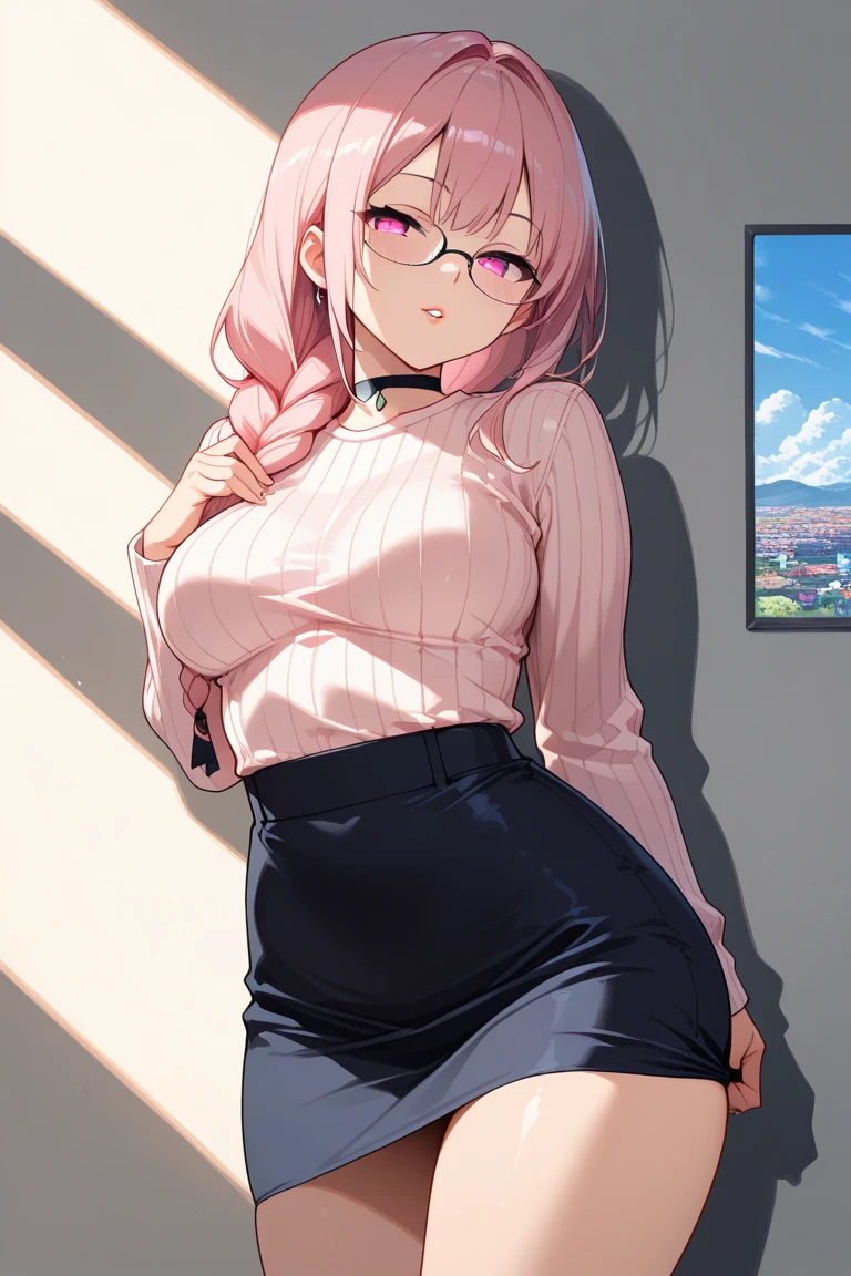 (best image quality, High resolution, , 8k)、(sideways figure)、sticking out the butt、big breasts、big thighs、very big butt、mini tight skirt、company employee、Hands on the wall、milf、View from the side、embarrassed expression、lure、pantyhose、blush、wet skin、glasses