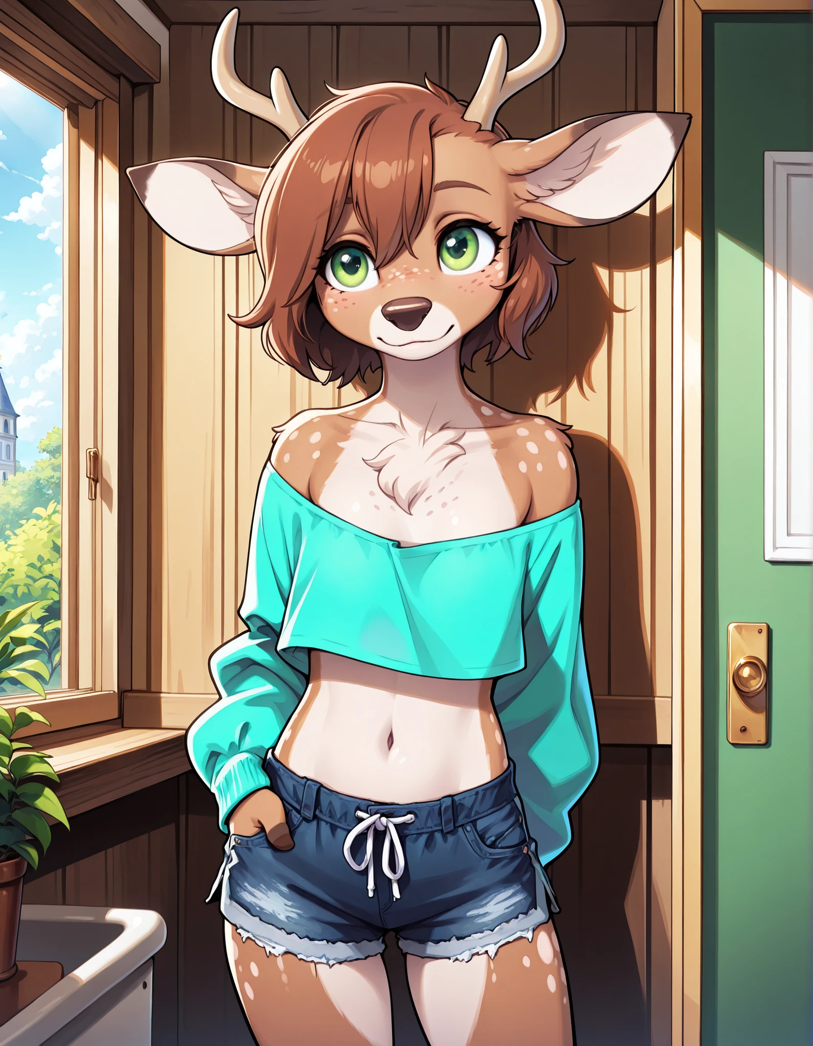 lotte, deer girl, furry female, body fur, animal nose, snout, animal ears, green eyes, brown hair, short hair, freckles,, chocker, crop top, navel, midriff, long sleeves, off-shoulder shirt, shorts,, ((ultra-detailed)), ((best quality)), ((beautiful eyes)), ((extremely detailed)), best quality, (beautiful), Master piece, highres, best quality, official art, highres, masterpiece, newest,, masterpiece, best quality, amazing quality, very aesthetic, absurdres, detailed background, detailed foreground, detailed eyes, detailed clothing, detailed hair, detailed shading