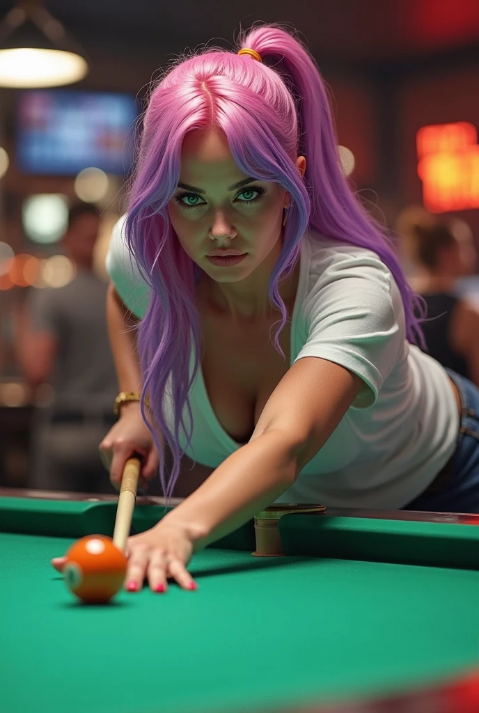 Create a highly detailed and photorealistic image of a young Mylene St-Sauveur. She is leaning forward on a billiard table, ready to play, playfull smirk, a cue in her hand. She has a sporty, fit build, (small perky breasts), and long pink hair with purple streaks, styled in a more controlled, wavy cut and attached in a loose ponytail on the side. She is leaning forward and intently over a green pool table in a modernly styled, dimly lit billiards hall, aiming her shot with a cue. She wears casual, modern clothing, specifically tight-fitting jeans and a very loose, oversized sheer white t-shirt, very large neck opening. Downblouse view showing breasts and some nipple. Erect nipples. The setting includes modern overhead lighting and a background filled with other players observing the game. (Holds a billiard cue), (Playing billiard), (Ready to hit the ball with the cue), (Leaning on the table with intent to play billiard), (downblouse view showing some breasts), (small breasts with erect nipples), (playful smirk).
