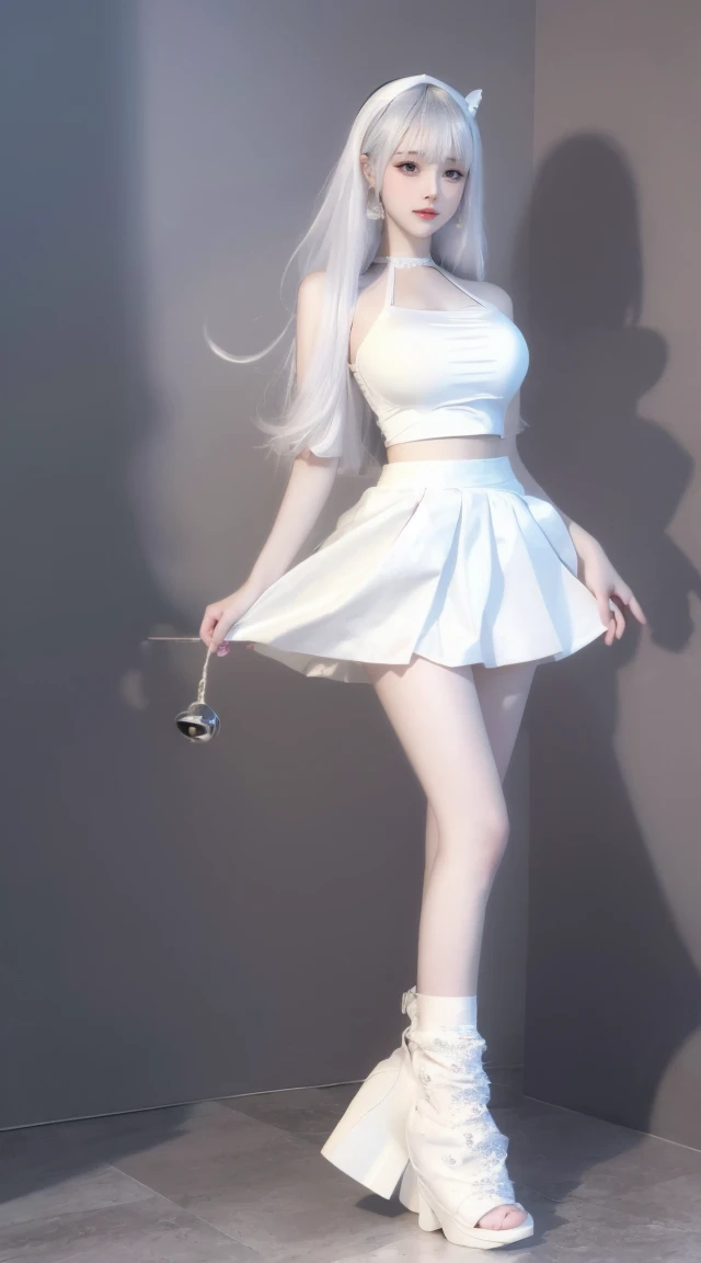 There is a loli,posed for photo, [ 4 K photorealism ]!!, realistic shadow perfect body, slim body shape, The chest is small, white silky outfit, Perfect girl, Loli in a short skirt, with long white hair, smooth white tight clothes suit, Anime girl cosplay, White lace, Happy, Naughty, Smile(Skinny,Shy :1.3) , Staring, in a panoramic view, hyper HD, Masterpiece, Textured skin, Super detail, High details, High quality, Award-Awarded, Best quality, A high resolution, 16k --auto