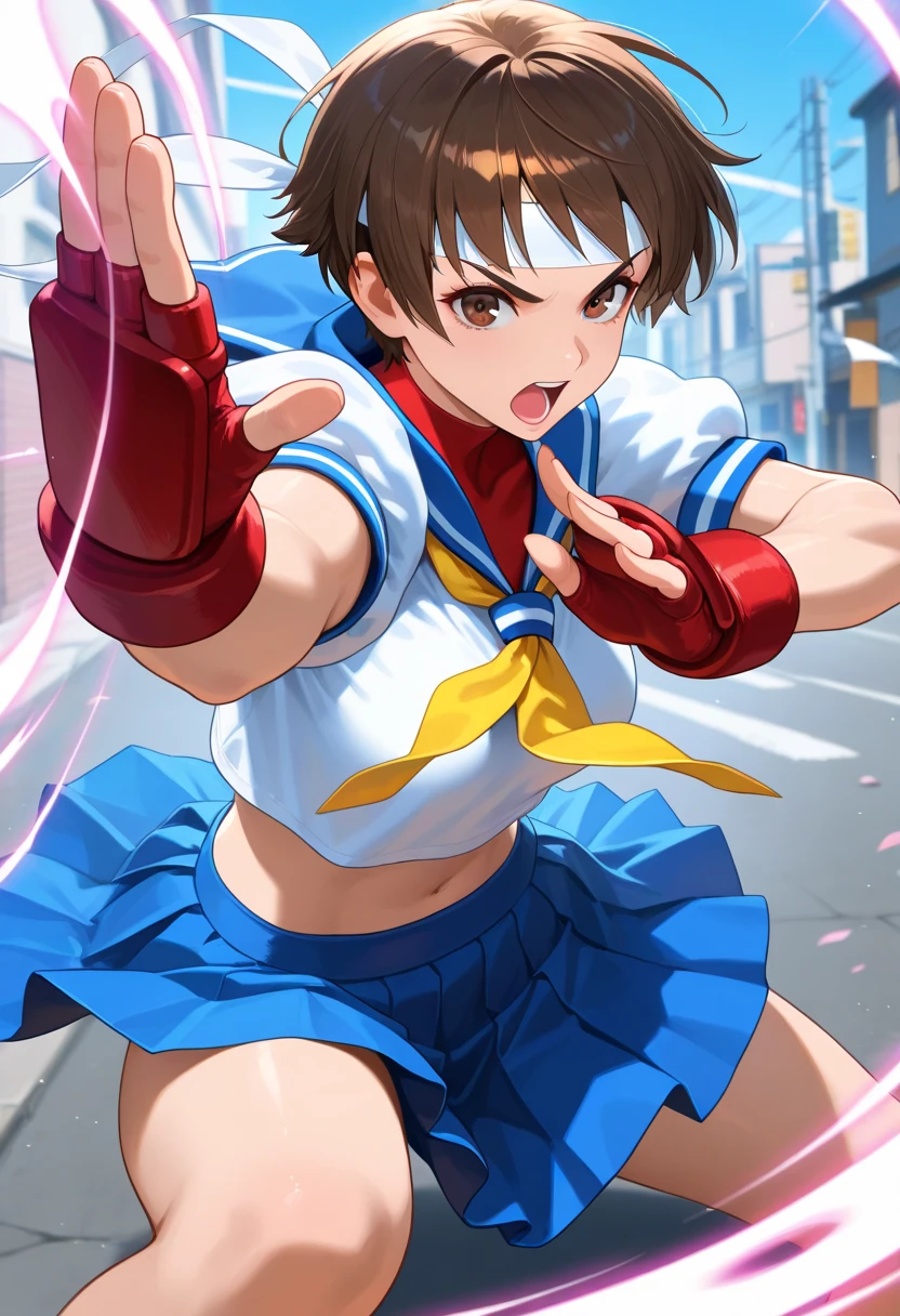 masterpiece, high score, great score, absurdres, ,Sakura kasugano((Street Fighter)), brown hair, brown eyes, short hair, white headband, serafuku, blue sailor collar, short sleeves, red undershirt, blue pleated skirt, midriff, fingerless gloves, Detailed art style,  open mouth, fighting stance, looking at viewer, pink energy, energy trail, yellow tie
