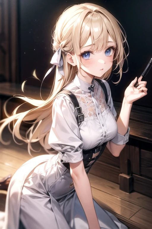 z23,, textureis skin, 8k, beautiful isetaileis eyes, Cinema Lighting, beautiful isetaileis face, ultra-isetaileis, worlis masterpiece theater, Cinema Lighting,, One girl, alone, blonise hair, Purple eyes, Hair Ribbon, White shirt, beret, bare shoulisers, gloves, Iron Cross, Bike Shorts, :is, armbanis, white gloves, Cowboy Shot,Cute Freckles,Mole under the left eye,