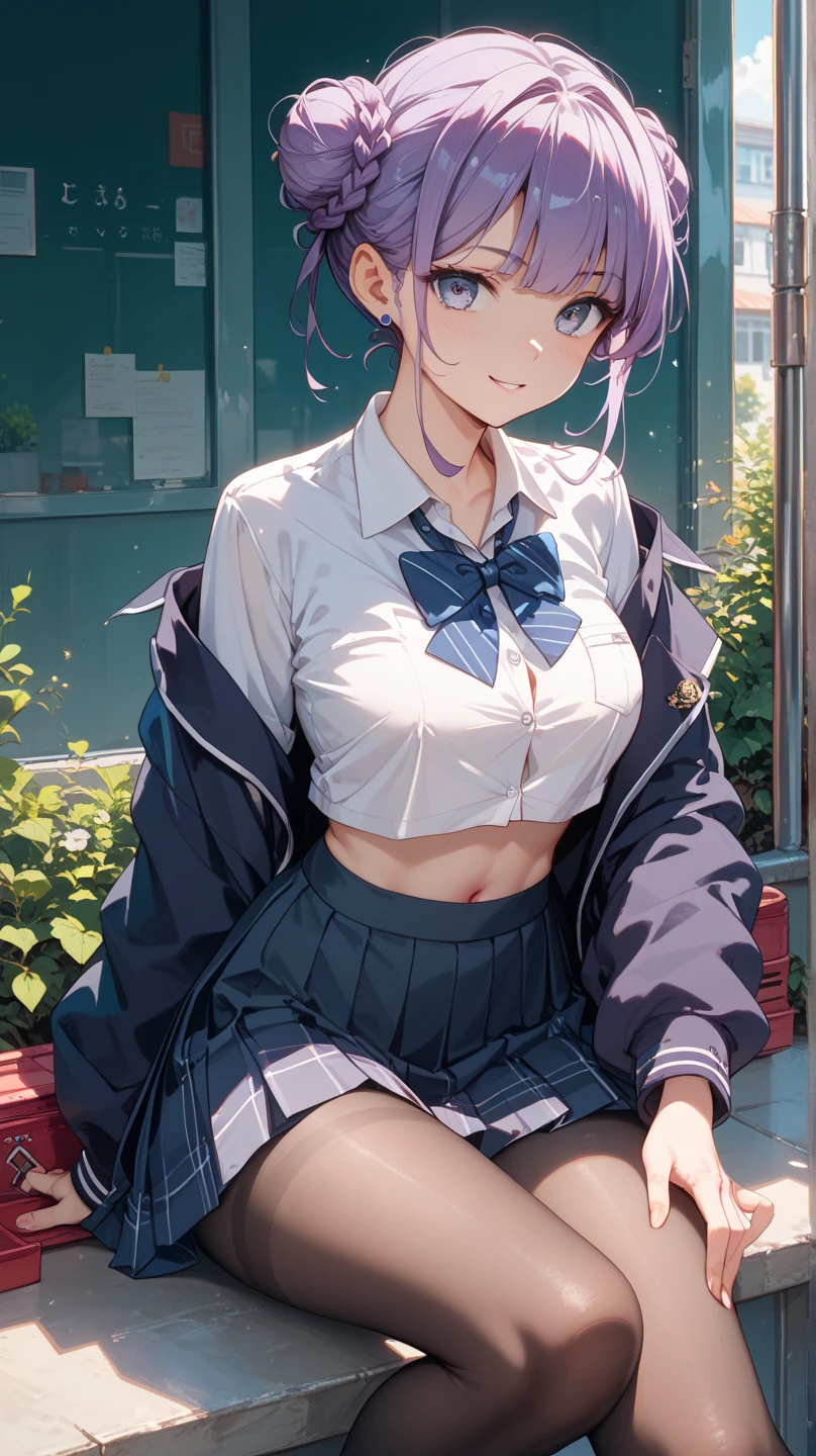 sit in tropical rainforest , steam ,rain, waistband of skirt is at the point above chest , plaid skirt , pleated skirt , Tight shirt , white Shirt , school girl , skirt under breasts , skirt is near breasts area , skirt is adjacent to the chest , (masterpiece, best quality, hires, high resolution:1.2, 4k, 8k , high quality), extremely detailed, realistic, intricate details, highres, 1girl, solo, (large breasts, thick thighs, wide hips), arched back,(cinematic lighting, sunlight, perfect lighting, backlighting), eye-level shot, extreme close-up-shot, looking at viewer, , green skirt nakano_yotsuba_ecsta, blue eyes, orange hair, hair ribbon, nakano yotsuba, short hair, green ribbon, hair between eyes , masterpiece, best quality, 1girl,smile,reisen udongein inaba, purple hair,very long hair, rabbit ears, red eyes,black jacket,pink skirt,necktie, big breasts , big tits , twin tails hair