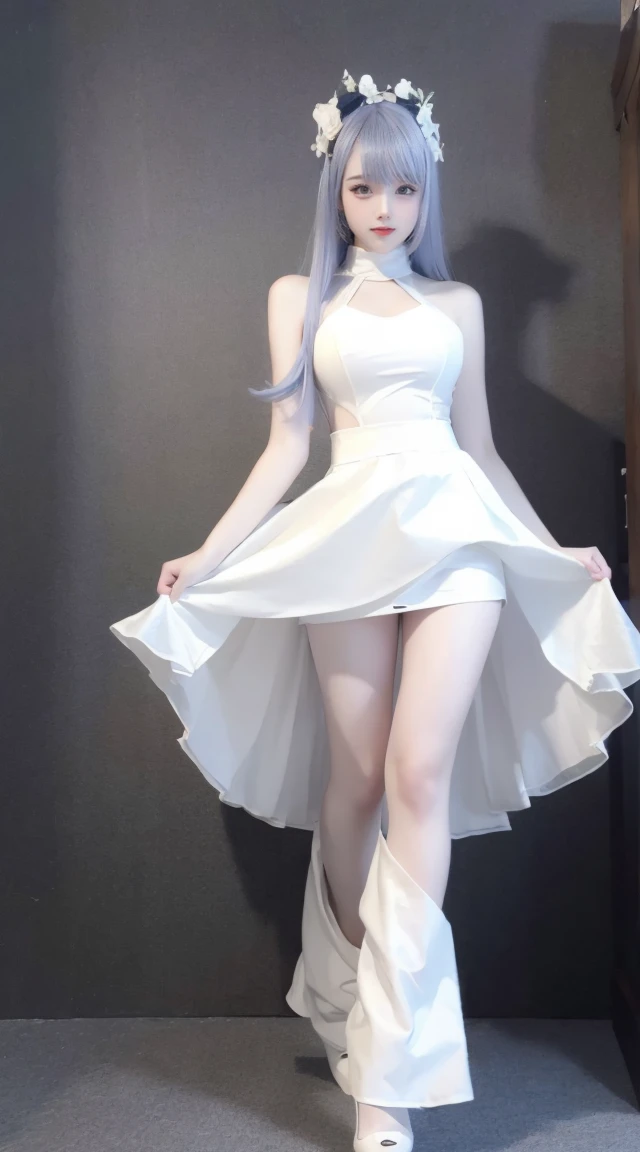 8k, Surreal, masterpiece, best quality, Super detailed, high resolution, random background, 1個Giant Breast Girl, (:1.5), Willow Yao, white dress，translucent，whole body，High heel白色透明婚纱，High heel，whole body，purple hair，light，Original God Thor