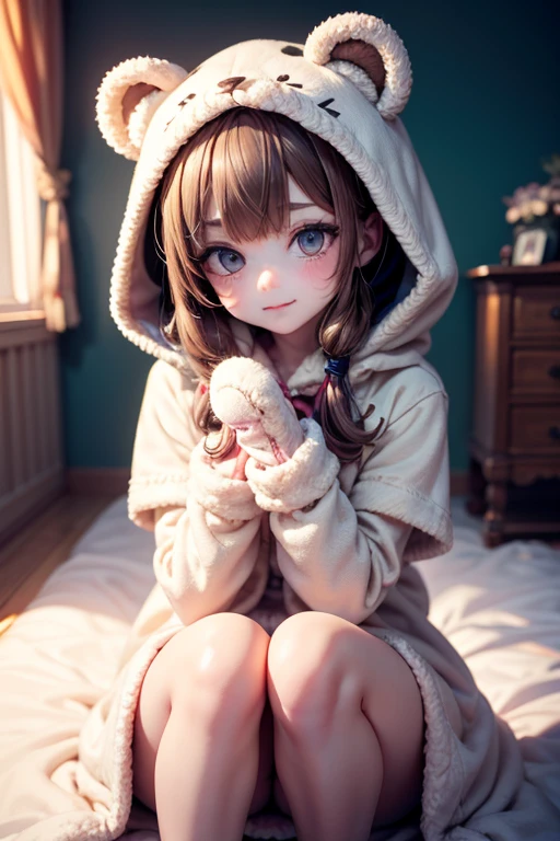 best quality, ultra detailed, extremely detailed, realistic, (masterpiece:1.1), (realistic:1.5), photorealistic, octane render, (4k, 8k), (hyperrealistic:1.2), (photorealistic face:1.2), (Best Quality), extremely detailed, intricate, hyper detailed, (eyes detailed, finger detailed:1.2), looking at viewer, (short hair, hair down, bangs, hair between eyes, brown hair), (night, in house, bear hat, bathrobe:1.3), (1girl, solo, alone, medium breasts, athletic body, 2legs, sit, black eyes:1.4)