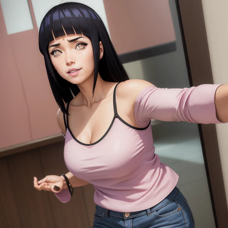 1boy,Hands to shoot、POV, Hold up your smartphone screen、Girl on smartphone screen、Smartphone screen in front of the screen、Smartphone Focus、1girll、Girl in the back、japanese Gal、Fancy makeup、Shiny pink bed、sexy milf、ero teacher、huge tit、Vertical ribbed sweater dress、