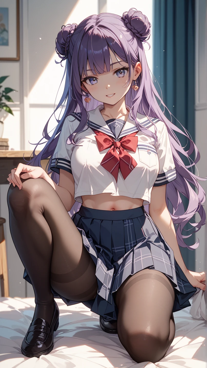 {{{NSFW}}},(masterpiece:1.2),(ultra quality:1.2),(ultra detailed:1.2),(ultra-high resolution:1.2),(very fine 8K CG wallpaper:1.2),Mejiro McQueen\(umamusume\),{1 girl,beautiful girl,cute,smile,kawaii, lovely,blushing,playful expression},sharp focus,oily skin,beautiful detailed hair,glossy hair,(wear school uniform:1.5),(lying on the bed:1.2),wear long school skirt,perfect two legs,(spread two legs:1.2),(show-off-white-panties:1.3),five fingers,large breaths,wear black pantyhose,beautiful detailed eyes,jewel like eyes,violet eyes, (two hands behind head:1.1),open mouth,armpits, solo,beautiful navel, looking at viewer,collarbone,earring
