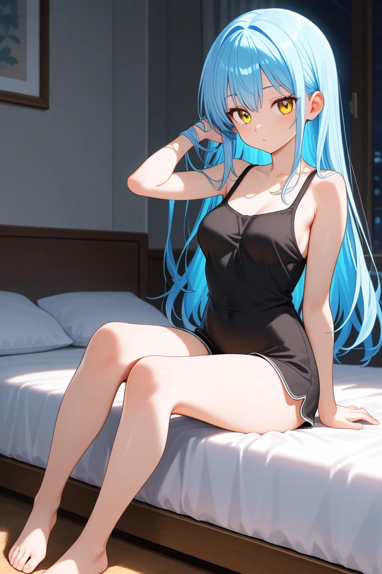 ((sexual)), (exposure), japanese anime, on bed, beautiful face, beautiful legs, lying on bed, 1 female, white underwear, detailed, 8k, ((opening both legs)), blue hair, sparkling blue light, Sparkling, (very dark room), M-shaped legs, With legs apart, night, at night, front、Facing front、gently smiling, whole bodyが見える, 4K quality, goddess, Cute Moe Anime, Healing, clear, A kind smile, Anime style Japanese hairstyle, Beauty, Clear Eyes, whole body, Cute face, Perfect Anatomy, Smooth, beautiful hair, both legs opened,　Lying in bed、Thin legs、thighs, western-style lighting, With legs apart、black underwear, Tower apartment room, modern architecture, ponytail hairstyle, beautiful eyes, Night view, Beautiful night view, whole body、full body, huge window, modern architecture, luxurious hotek room, vip room, dark colored room,