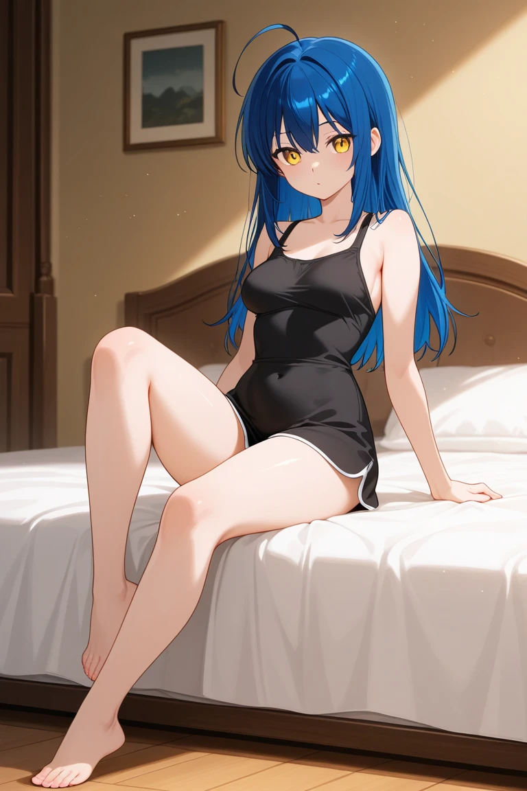 calidad superior, Obra maestra, Ultra high resolution, of a femboy boy of very short stature, blue hair with pigtails and blue eyes and he wears a beautiful blue dress, his body is very feminine and curvy, he has big thighs, he is sitting on the floor