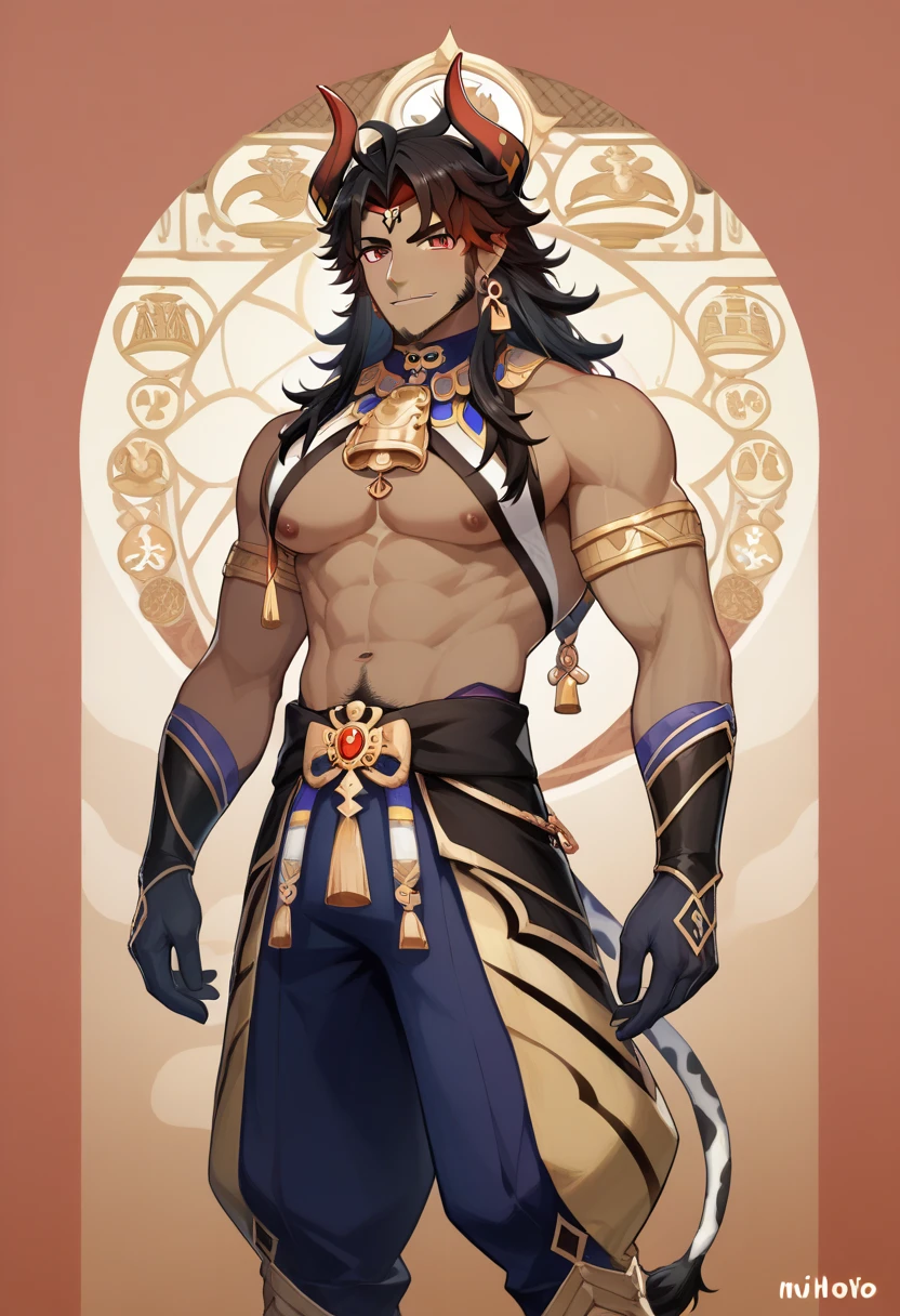 (masterpiece, best quality:1.2), 1 boy, Fighting Stance，Handheld weapons，Indifferent dual mode，Solitary，mural，Egyptian style，Retro colors，Cool gray tones，Full size photo，Animal characteristics，Cat ear，Tail，Dark art style