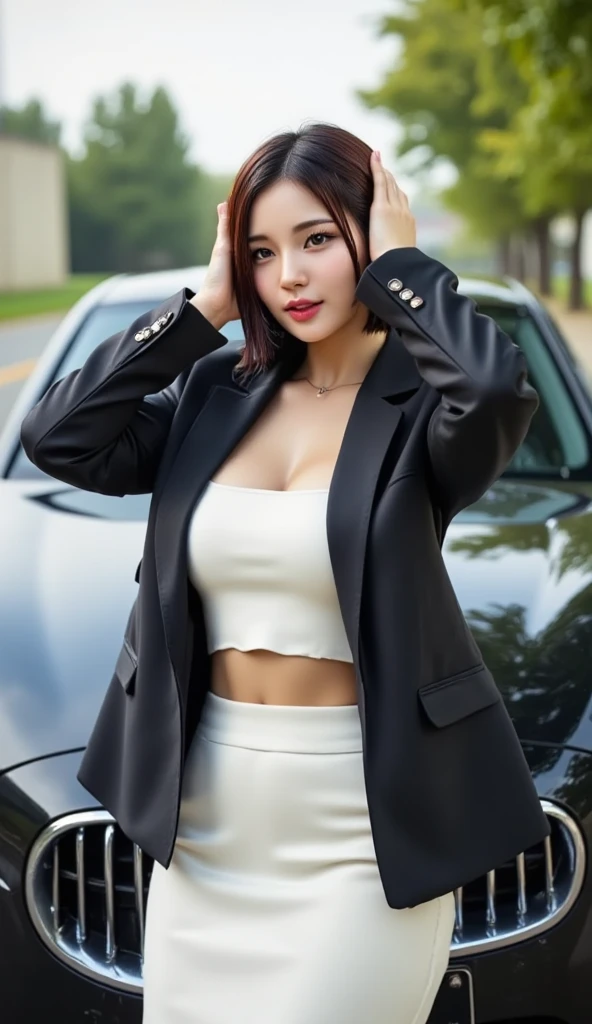 (8k, highest quality, masterpiece:1.2),
(realistic, realistic:1.37),
super detailed,

1 girl, full body esbian, outdoors, (adjust hair:1.5)
office lady, black office blazer, office skirt, (short skirt:1.2), (down shirt with short buttons:1.2), Up collar prim with buttons, button down collar prim, bare chest, (short skirt:1.2), alpha layer, high heels,

beautiful earrings,
cute,
alone,
beautiful and detailed sky,
(smile:1.15),
(closed mouth),
big breasts,
detailed and beautiful eyes,
business suit,
(long hair:1.2),
Floating hair NovaFrogStyle,