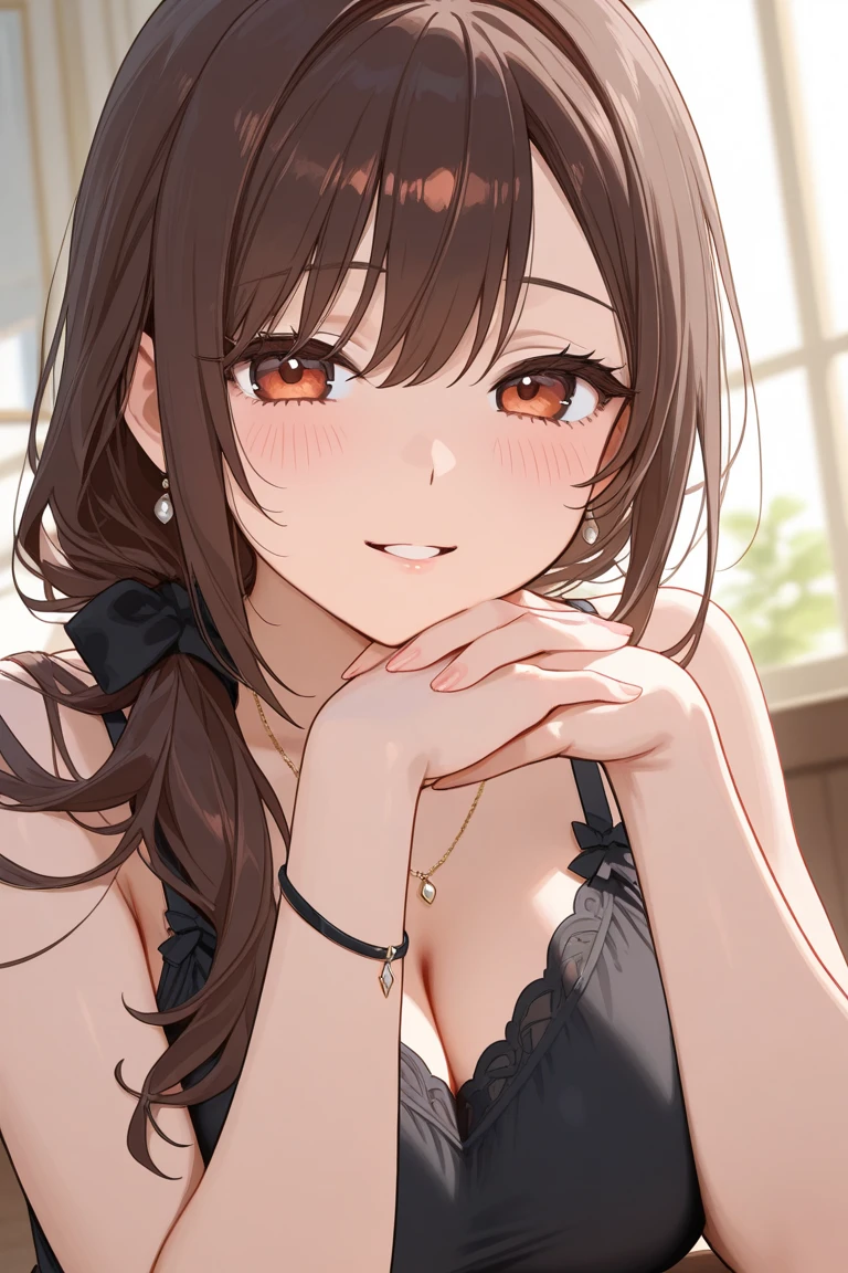 slender, mature female,blurry_foreground, blurry, depth_of_field, rating:safe, breasts, jewelry, cleavage, 1girl, blurry_background, long_hair, brown_hair, bangs, pov, looking_at_viewer, necklace, brown_eyes, blush, bare_shoulders, lips, large_breasts, swept_bangs, earrings, sleeveless, bracelet, smile, sidelocks, eyebrows_visible_through_hair, dress, solo_focus, collarbone, indoors, underwear, closed_mouth, phone, cellphone, medium_breasts, motion_blur