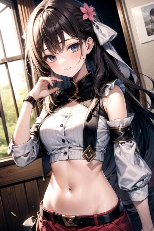 Best Quality, masutepiece, Portrait, , 1girl in, Kotegawa Yui, Black hair, Long hair, Long bangs, Brown eyes, medium udder, ((chies)), Looking at Viewer, embarassed expression,Photo from below、((Magical Warrior Costume))、((pantyhose))、((Show panties))、((a miniskirt))