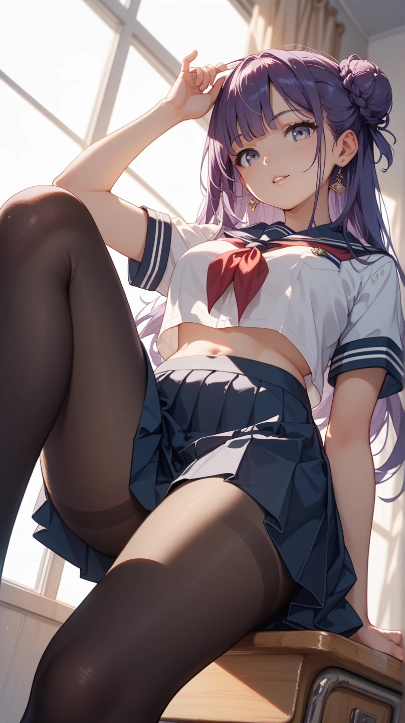 Hugob, nffsw, Purple hair, Long hair, Bangs, (Purple eyes:1.1), (medium breasts:1.2),Blake Black Jacket, (black thighhighs:1.3),Black skirt, Collared shirt, Hair Ribbon, high waist skirt, Jacket, Long sleeves, Neck ribbon, Open your clothes, Open jacket, Pleated skirt, Red Ribbon, bow ribbon, Shirt, Skirt, sleeves past wrists, White shirt, Wide sleeves,BREAK looking at viewer,BREAK outdoors, BREAK (masutepiece:1.2), Best Quality, High resolution, Unity 8k壁纸, (Illustration:0.8), (Beautiful detailed eyes:1.6), extra detailed face, Perfect Lighting, extremely details CG, (Perfect hands, Perfect Anatomy),Naughty smile with open mouth、(white panties:1.3)、(Fully exposed panties:1.5)、(Squatting:1.3)、plein air、outside of house、