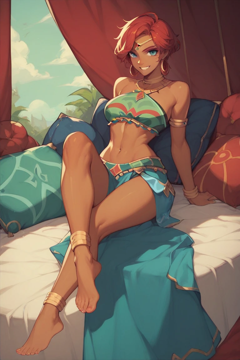 (masterpiece:1.2), (best quality), (ultra detailed), (8k, 4k, intricate), (full-body-shot:1), (highly detailed:1.2), (detailed face:1.2), (detailed background), (beach background), detailed landscape, ((portrait)), pkmnOlivia, dark skin, necklace, bracelet, neck ring, cleavage, pink shirt, beads, midriff, pink short shorts, thigh strap, lipstick, holding teddy bear, moaning, smug grin,