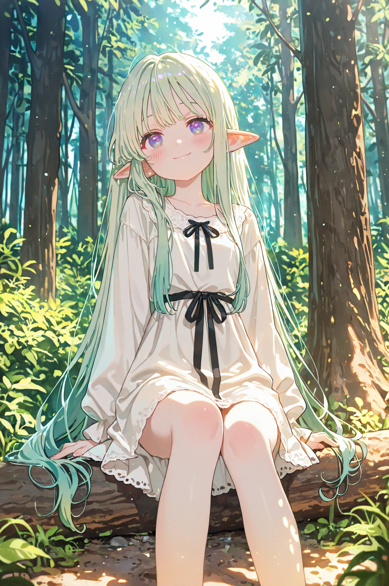 1girl,
full body, sitting, looking at viewer, solo, elf girl, long hair, green hair, (green|blue:0.9090909090909091), eyes, dress, white hair flower, hair ornament, (age8:1.1), (child:1.1), wind, leaf, tree, forest, vines, very long hair, grass, hair flower, pointy ears, white dress, barefoot, nature, flower, bare legs, plant, knees apart feet together, closed mouth,
score_9, score_8_up, score_7_up, score_6_up
<lora:banpaiakiraXL_P6_lokr_V4236:0.95>