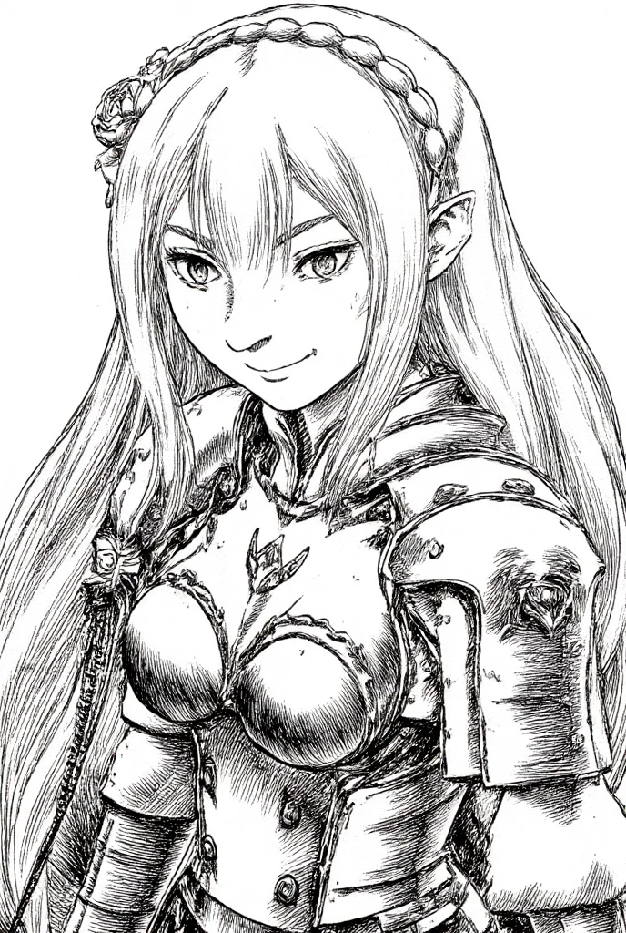 masterpiece, superlative, female, solo, bust closeup, leather shoulder pads, leather arm guards, fabric clothing, medium-long length hair, smiling, flower line drawing background, white background, monochrome, line drawing, ((sketch))