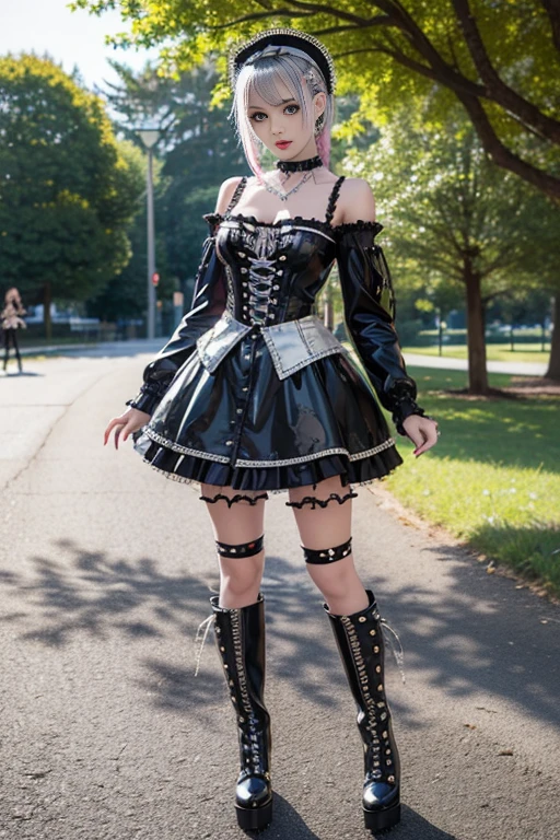sexy stylish female model, only 1 female, ((doll-like appearance)), long stylish hair, ((shiny Punk-Style boots)), (happy smile), ultra detailed eyes, long lashes, metallic makeup, lip-gloss, ((sexy Punk Lolita cosplay)), unconventional skirt, petticoats, high neckline, ((ultra detailed lace)), ((ultra detailed embroidery)), intricate details, tartan patterns, safety pins, Punk Lolita accessoires, short black gloves, Punk Lolita choker, ((large sparkling Punk Lolita jewelry)), cinematic light, detailed sunny large park background with trees