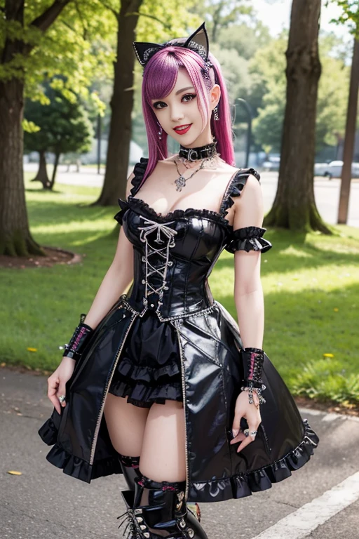 sexy stylish Swedish model, only 1 female, ((doll-like appearance)), short neon pink stylish hair, ((shiny Punk-Style boots)), (beautiful smile), ultra detailed eyes, Punk makeup, lipgloss, ((sexy Punk ta cosplay)), unconventional skirt, petticoats, high neckline, ((ultra detailed lace)), ((ultra detailed embroidery)), intricate details, tartan patterns, (silver chains), (silver spikes), (safety pins), Punk Loliccessoires, Punk Lolita cr, ((large sparkling Punk Lolita jewel, cinematic light, detailed large park background with trees