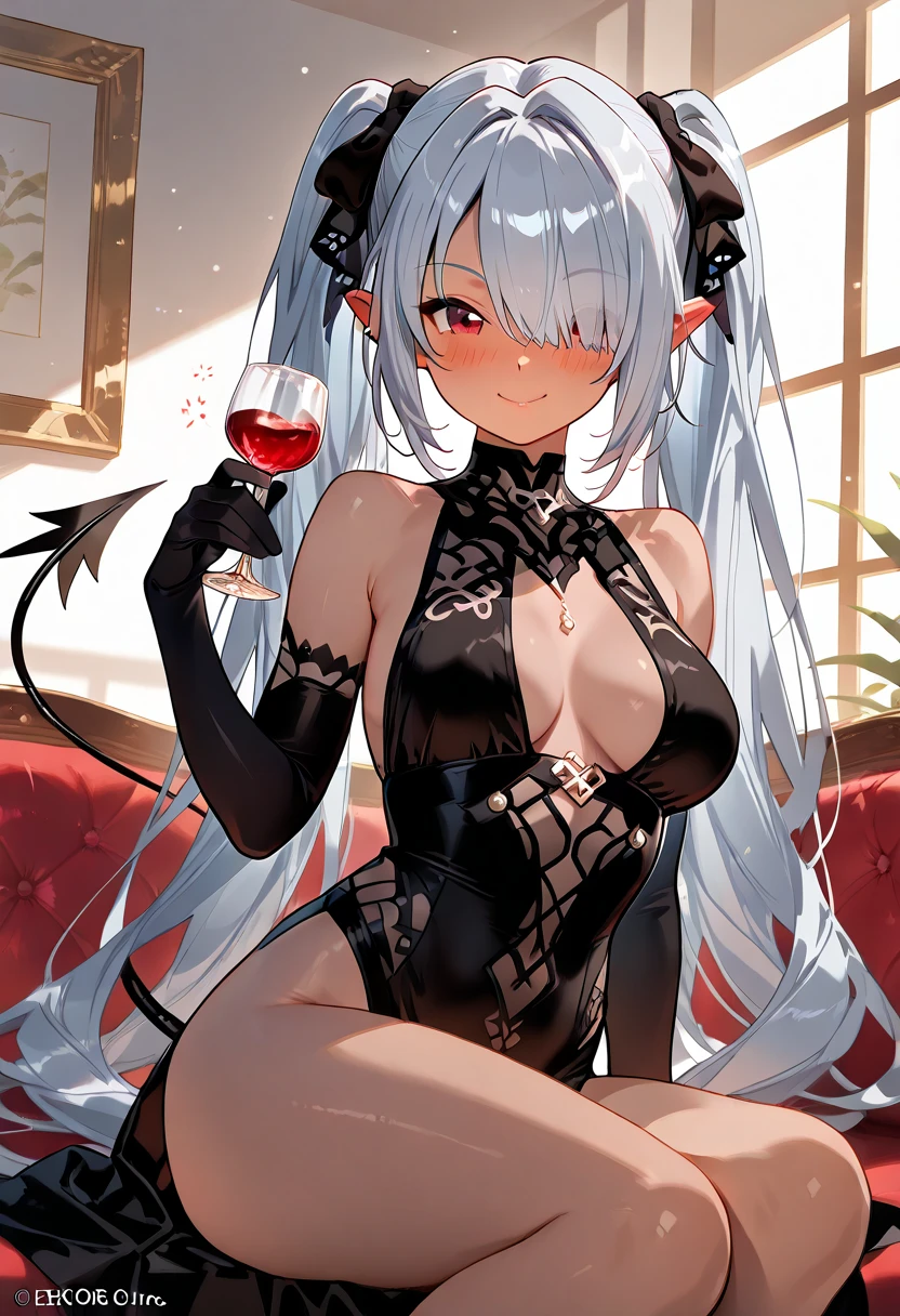(grim aloe), Devil horns, Devil&#39;s Wings, Devil&#39;s Tail, Black Dress, Dynamic pose, Grin, chest, Contrasting, Hands on hips, (masterpiece), (Highest quality), (Super detailed), (figure), (Very delicate and beautiful), Game CG, Beautiful Eyes, Heart shaped eyes, Dynamic Angle, intense angle,Standing on the ell, (Wicked Smile:1.1), ,,Dark shadowed face,Sadistic smile,Malice,Contempt,smile,latex,Bad face,,,two hands,two legs,five fingers,evil background,elbow gloves,latex, Wicked Smile, devilish aura (Shiny fabric:1.5),Dark world background,独奏,