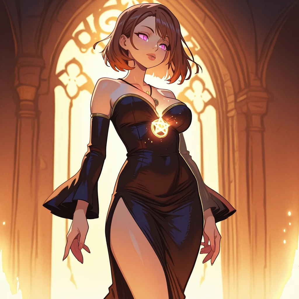 A dark brown haired woman with copper eyes in an hourglass figure wearing a giant t-shirt is blushing in a gothic castle