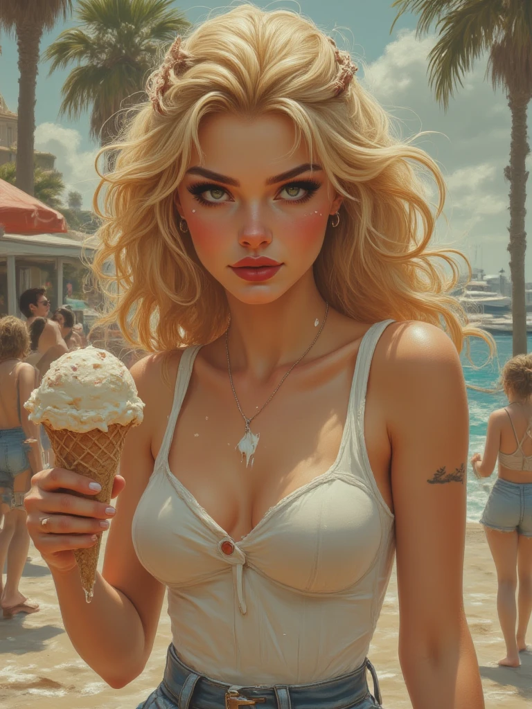 Blonde in bikini on her knee licking an ice cream cone
