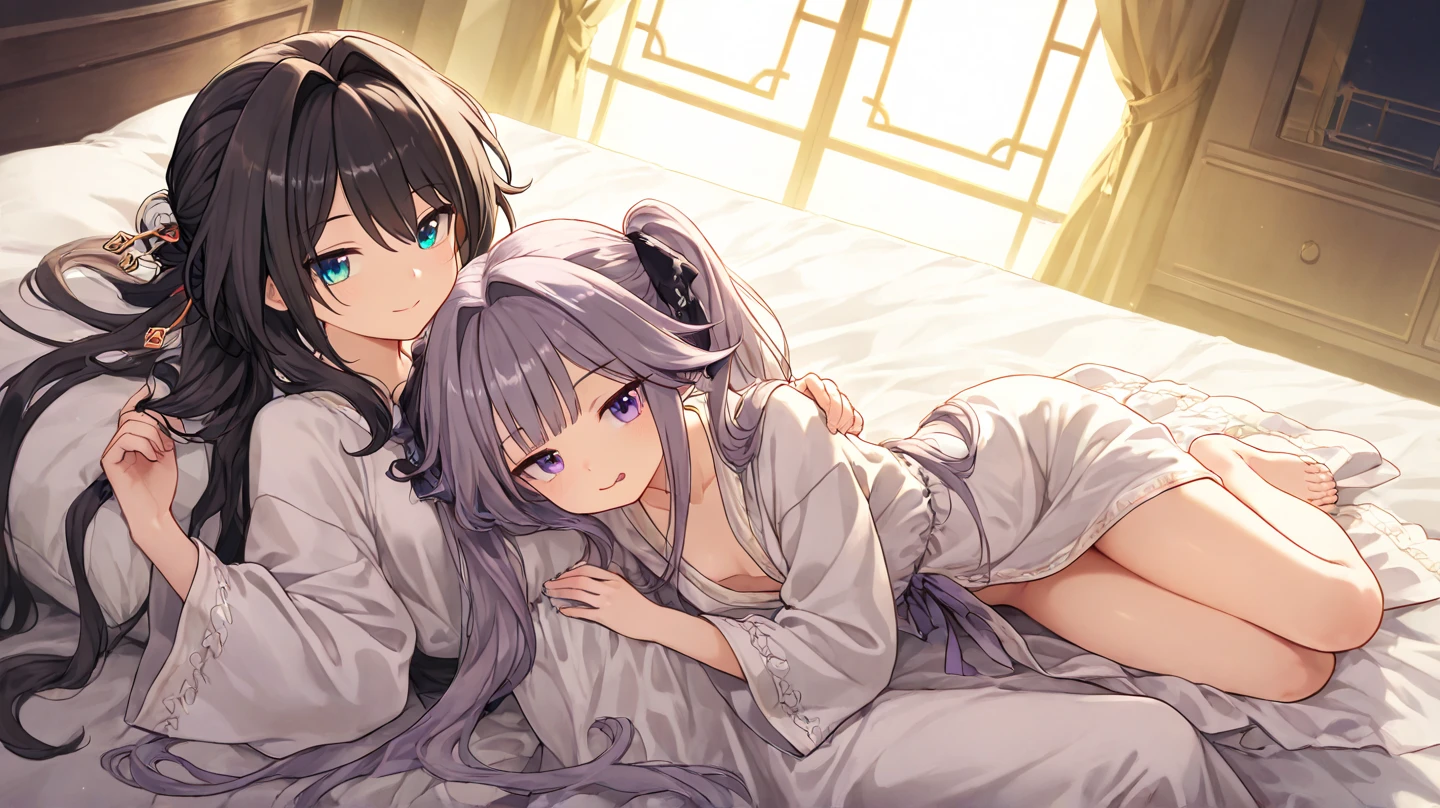 masterpiece, high quality, two women in nightgowns laying in bed together, cuddling, embracing each other, long (white) hair, large breasts, eyes closed, 