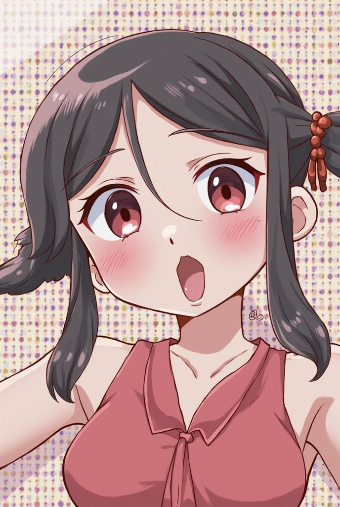 tongue,Gal,animal ears,bangs,brown hair,blush,red eyes,open mouth,fang,dark-skinned female,hair between eyes,hair ornament,hairclip,looking at viewer,smile,solo,v-shaped eyebrows,bun hair,thighhighs,underwear,sweater,nekomimi,