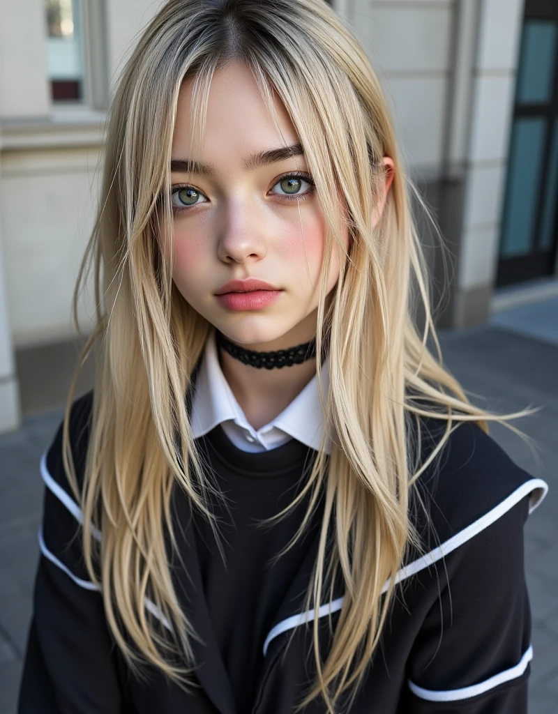 (best quality), 1girl, female, pale skin, (black hair), blonde ombre, medium hair, messy hair, messy bangs, hair over eyes, (brown eyes), perfect eyes, dark circles under eyes, skinny body, scowl, goth girl, oversized jacket, turtleneck, ripped jeans, flat chest, childish, masterpiece, anatomically correct, highres