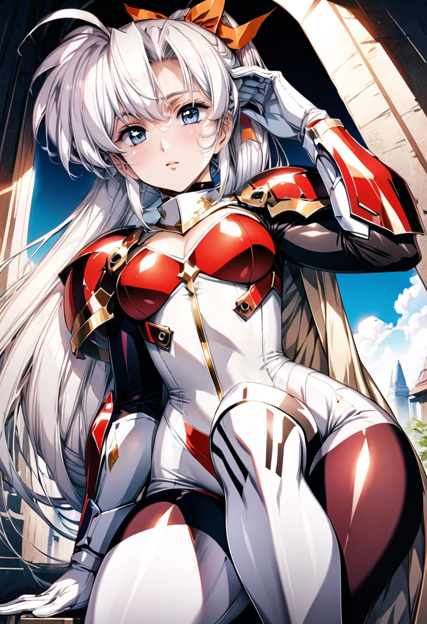 (1girl, solo, masterpiece, 4k,  best quality:1.2, ((cowboy shot)), best quality:1.2, NICE HANDS, COLORFUL, (perfect hands, perfect anatomy)),
 aalala, long hair, hat, white headwear, head wings, green eyes, breasts, red necktie, white bodysuit, white leotard, puffy sleeves, white gloves, showgirl skirt, blue pantyhose, 
((medium breasts, big hips, looking at the viewer)),  
((simple background, white background)),