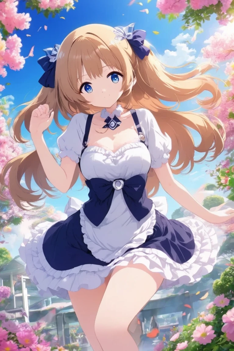 ((masterpiece,best quality)), highres, extremely detailed 8K wallpaper, big boobs, cheerful, greeting, morning, smile, white frilly dress, mini skirt, bow, tights, fascinator, braid, sunny, from behind, sunshine,