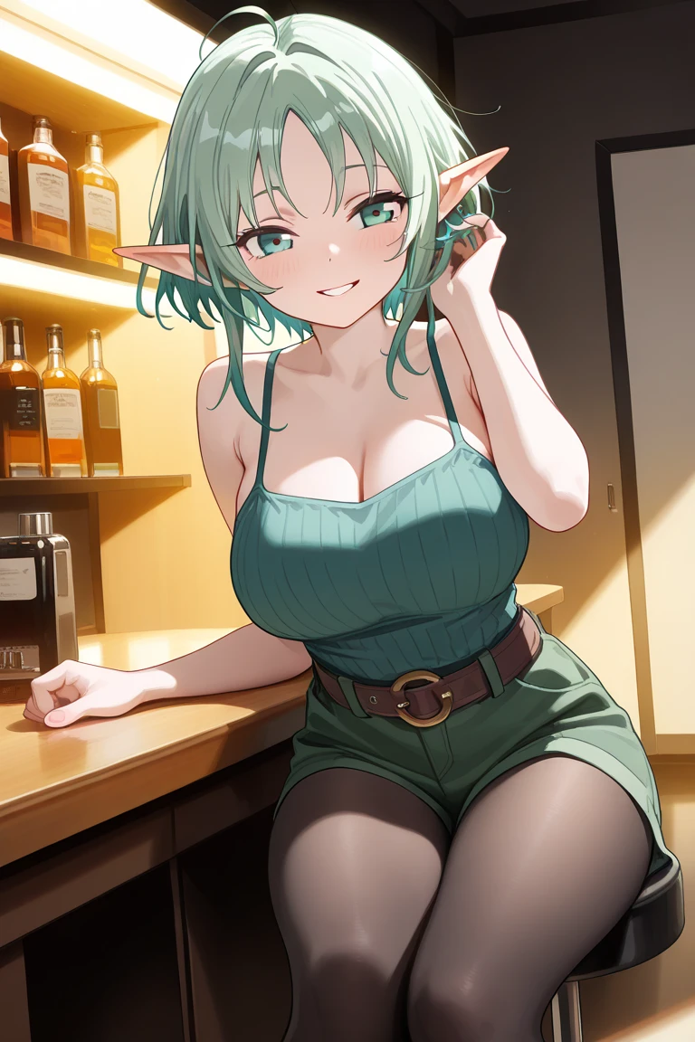 masterpiece, one woman, detailed face, Solo, Dynamic Pose, soft Smile, Cinematic Lighting, Best Quality, 8k, 32k,1 Girl, (green hair)+(bob cut hair), (Heterochromia)+(Golden eyes)+(Blue eyes), (breasts:1.6), elf ears, hair ornament, kitchen apron