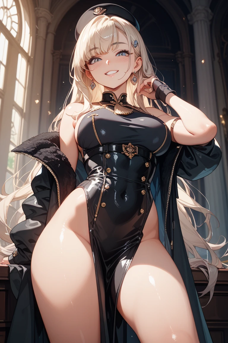 1girl, (Blue Eyes), (angry face :1.2), (Sana Minatozaki), wide hips, black bunny ears headband, Big , big ass, (thin waist: 1.2), (thick and toned thighs), (Best Quality, 8k, Masterpiece: 1.3), Clear Focus: 1.2, Perfect Body Beauty: 1.4, strong abs, large breasts, huge breasts, Highly detailed face and skin texture, detailed eyes, double eyelids, (blond long hair :1.2), nsfw, latex clothing, black latex leotard, harness, chains, (dominatrix :1.2), showing , standing, dynamic pose, in a hotel room