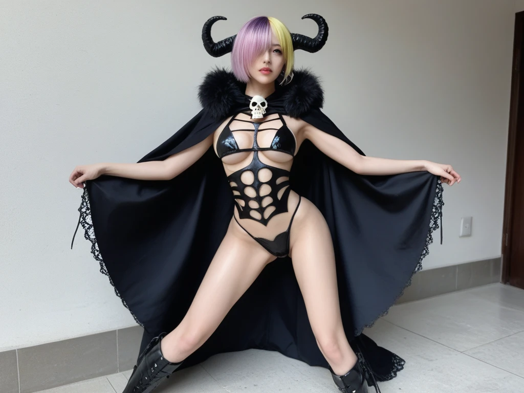 Beautiful woman in a random situation and place, sexy, thin, random color hair, random color eyes, large tits, wearing nice clothes that fit the situation, very happy, (full body:1.5), (Devilcore:1.6), hyperrealistic, 8k, vibrant colors, sharp crisp image