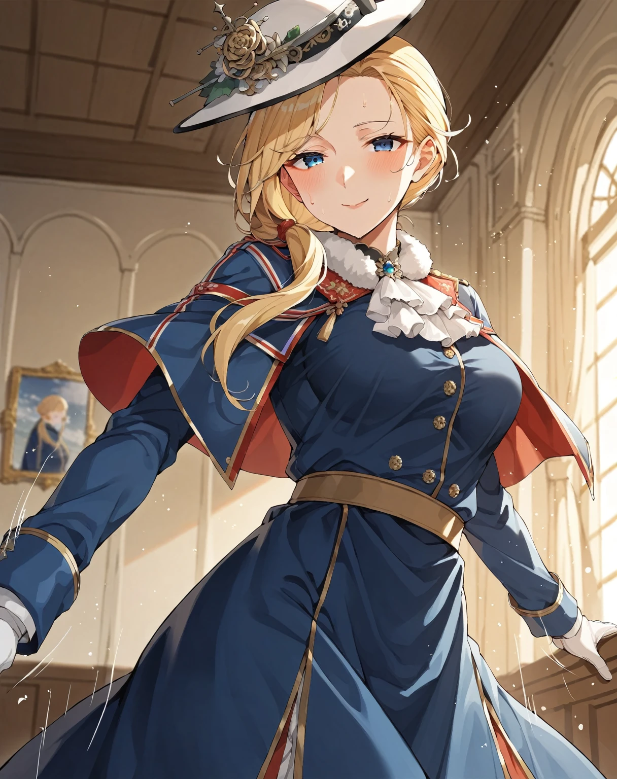 (hyper extreme detailed),(masterpeace),(hyper extreme),(photorealistic),CG,(colour:1.2), beautiful lighting,light from the front,solo, <lora:hood:1>,hood,blonde hair,blue eyes,black pantyhose,dress,earrings,gloves ,jewelry,long hair,long skirt,shoes,union jack,blue dress,frilled_dress,hat,