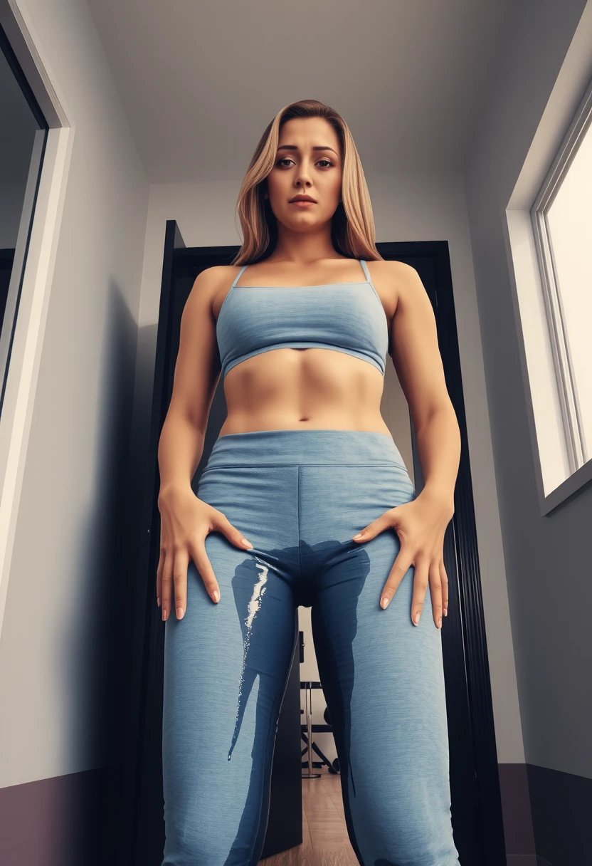 (solo), (a detailed full body RAW photo of a girl), (Meisterwerk: 1.0), (best qulaity: 1.4), (ultra high resolution: 1.2), (fotorealistisch: 1.4), 8k resolution, Canon EOS R5, 50mm, abs, Fitness Body, ultra detailliert, (18 Jahre), scharfer Fokus, filmische Beleuchtung, detailed beautiful face, (Make-up: 1.2), (ulzzang-6500-v1.1), zierliche Figur, detaillierte Hauttextur, blasse Haut, flache Runde Brust, (skinny and fit body: 1.3), Oberschenkellücke,  detailliertes braunes Haar, (sehr unordentliches Haar:1.5), (Avril Lavigne:0.7), Smileing, (Sportleggings:1.4), realistisch glitzernde Haut, (Schlafzimmer:1), (cameltoe:1.3), (schwitzen:1.45), schlanke Taille, Seductive Smiling, solo, abs, hard abs, flexing abs, 6 pack abs, dripping wet