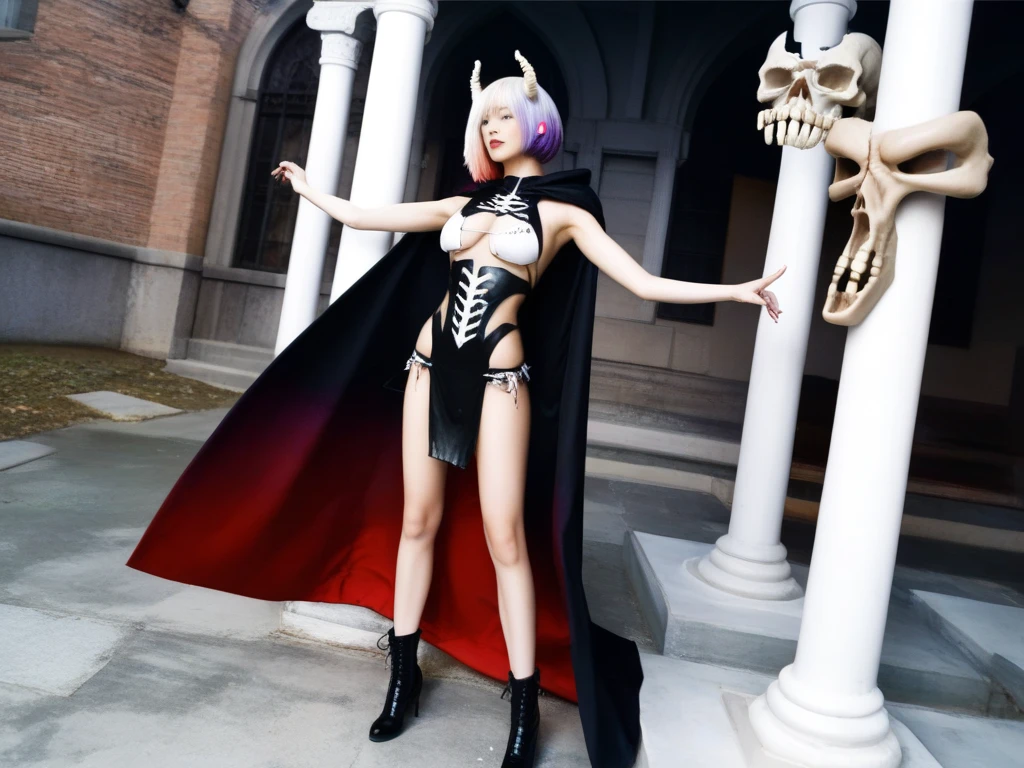 masterpiece,highest quality,Beauty,Pink Hair,bangs,Bobcut,nurse cap,Big Breasts,(Black Bondage),(Devil Nurse),(holding a big scythe in his hand),(Bats feathers),Cemetery at night,